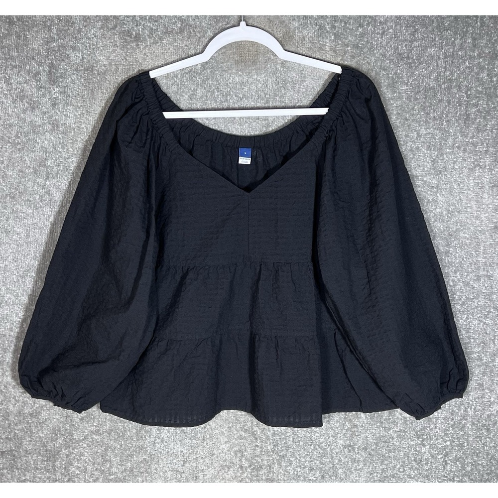 Old Navy Tiered Empire Neck Top Womens Size Large Black Long Puff Sleeve New